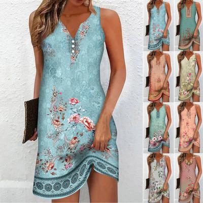 Damen Freizeitkleid Tankkleid Blumen Knopfdruck V-Ausschnitt Minikleid Aktivmode Outdoor Street Ärmellos Lockere Passform Sommer