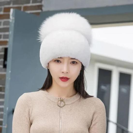New Outdoor Good Elastic Natural Rex Rabbit Fur Hat Women Winter Knitted Real Sliver Fox Fur Cap Lady Real Fur Hats