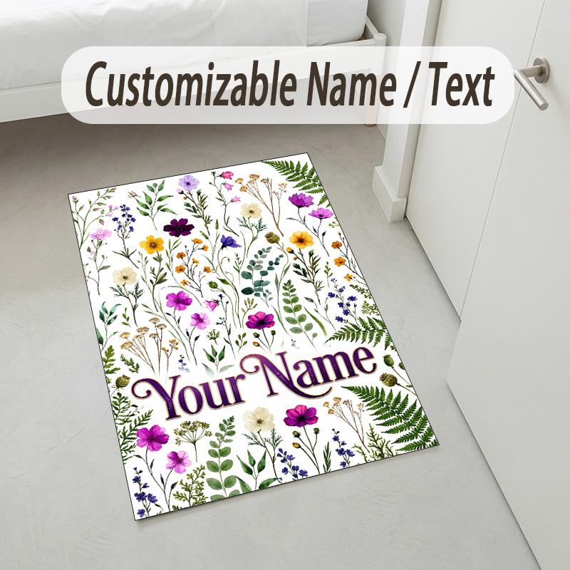 Floral Artwork Theme Soft Crystal Velvet Rug Custom Name & Text Print Non Slip Floor Rug for Bedroom Living Room