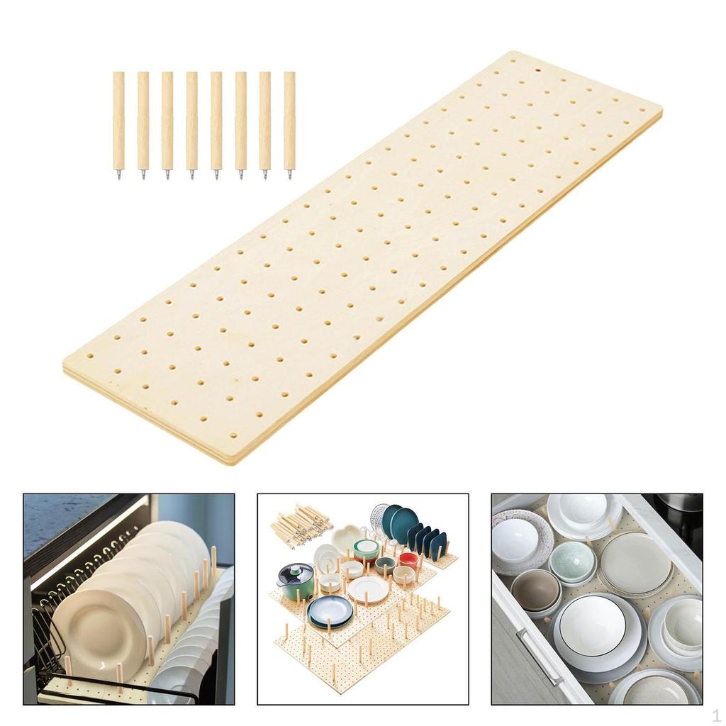 Wood Pegboard Drawer Organizer with 8Pcs Pegs Sturdy Plate Holder Kitchen Divider