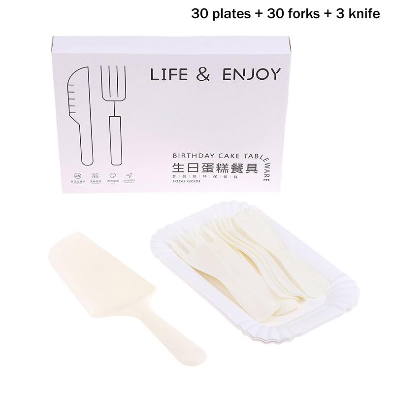 5Sets-30Sets White Birthday Cake Knife Fork Set Plastic Disposable Dinner Plate Set Baking Cake Tableware