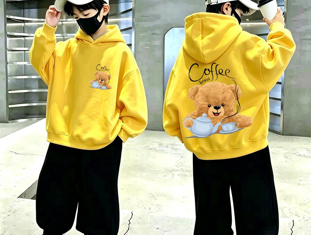 Y2K Cute Afternoon Tea Teddy Bear Printed Boys' and Girls' Loose Casual Long-Sleeved Children's Hooded Shirt