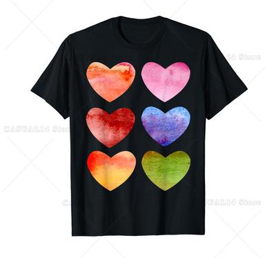 Happy Valentines Day Colorful Love Hearts Cute V-Day Couple T-Shirt Watercolor Hearts Pattern Tee For All Seasons Cotton