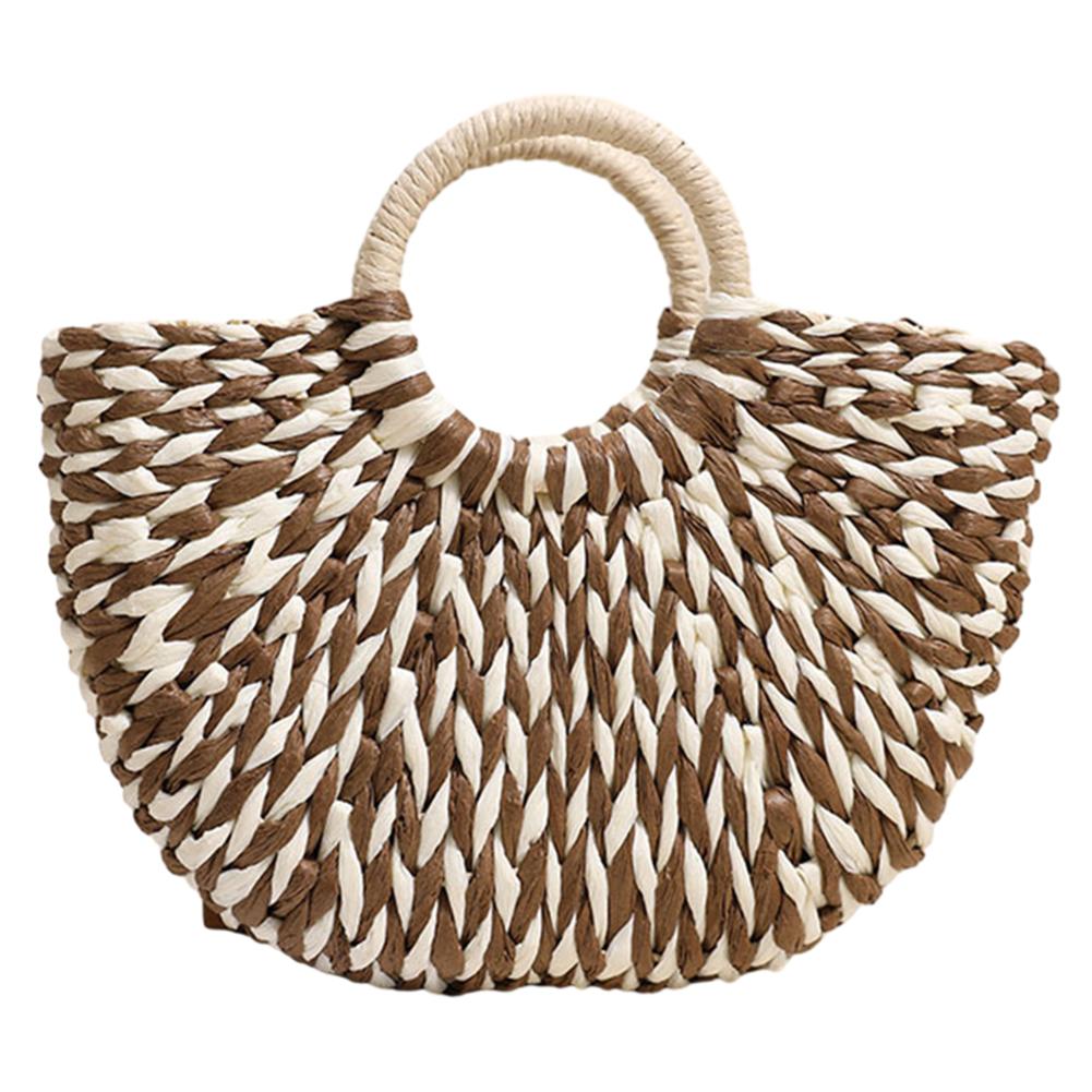 Straw Handbags Handwoven Beach Top-Handle Bags Hollow Out Stripe Tote Hand Bags Large Capacity Half-Moon Bag for Vacation Travel