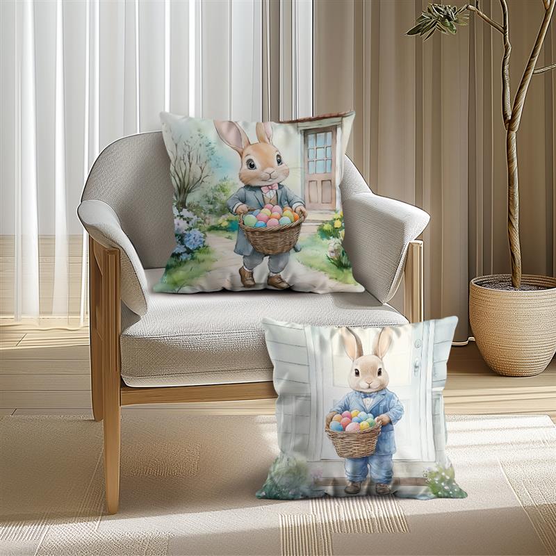 1 Pc Cute Bunny Cushion Cover Farmhouse Home Decor Pillowcase Cartoon Rabbit Printed Cushion Pillows Cover Happy Easter Decor