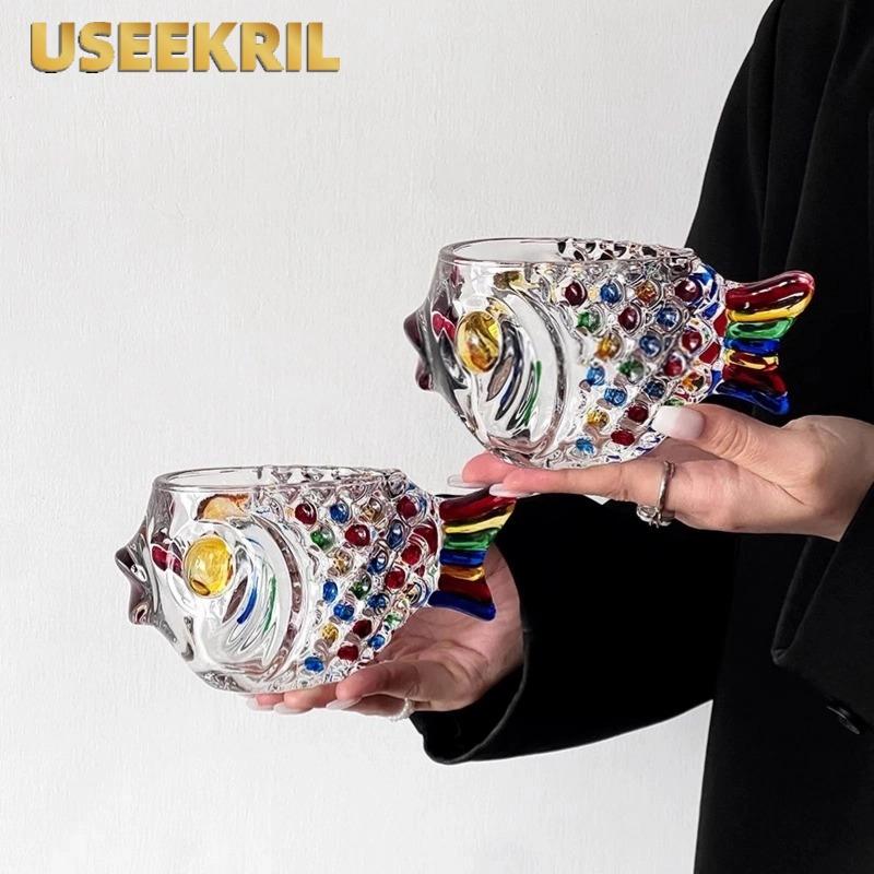 Creative 3D Colorful Fish Shape,Bar Cocktail Glass Party Thick Heavy Lovely Smoothies Bowl Cup Cold Drink Tiki Glasses Mug