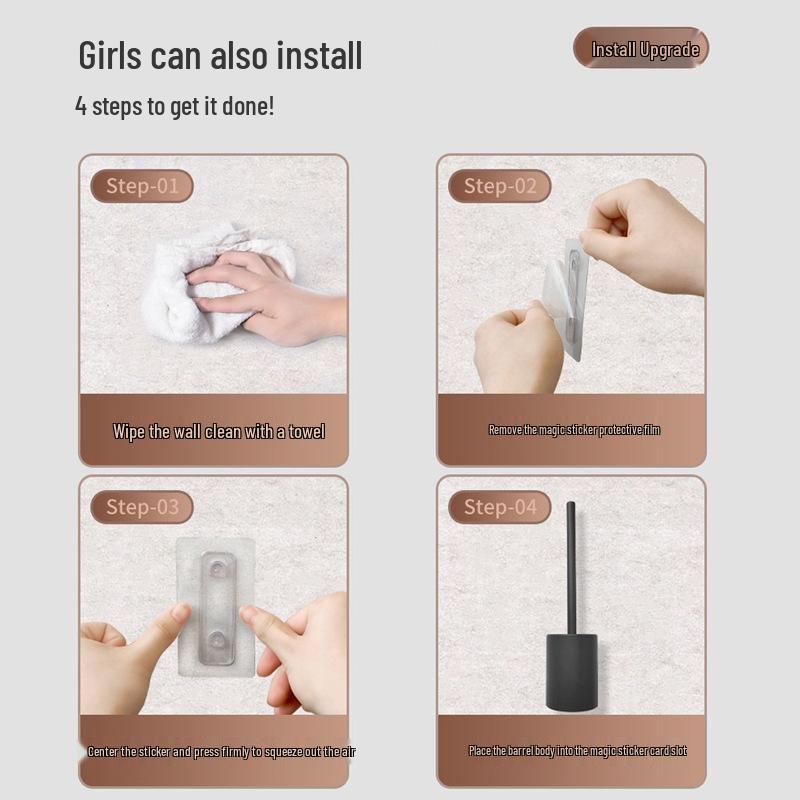 Wall-Mounted Toilet Brush with Long Handle - No-Punch Installation, No Dead Corners, Bathroom Cleaning Set