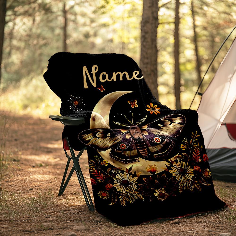 Outdoor Customize Your Name Blanket Moonlit Moth Floral Design Comfortable Soft Lightweight Allseason Multipurpose Blanket For Travel Camping Picnics