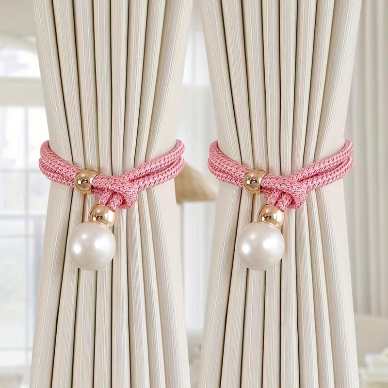 2 Stück Deluxe Französische Raffhalter mit glänzenden Kunstperlen-Akzenten - Elegantes Polyester, kein Bohren, verstellbare Kordel für exquisite Heimdekoration
