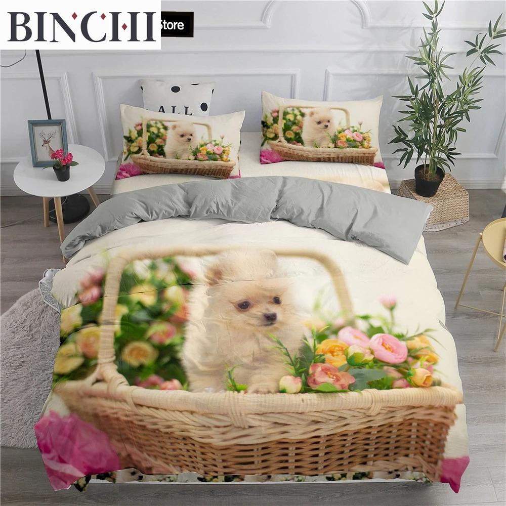Pomeranian Dog King Queen Duvet Cover Puppy Bedding Collection For Teens Adults Pet Animal Colorful Sky 23Pcs Polyester Quilt Cover