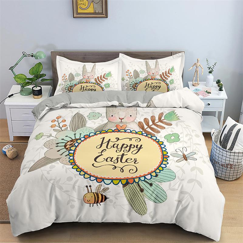Cartoon Rabbit Bedding Set For Boys Girl Teen Botanical Plant Duvet Cover Microfiber Kawaii Bunny Comforter Cover Bedroom Decor