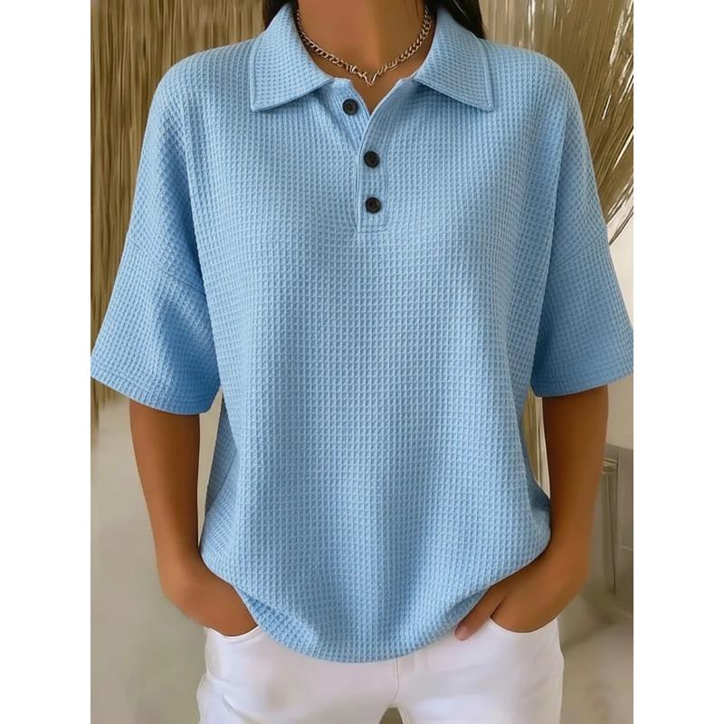 TIFICY Women's Fashion Casual Summer Spring Solid Color Print Short Sleeve POLO Neck Blouses & Shirts