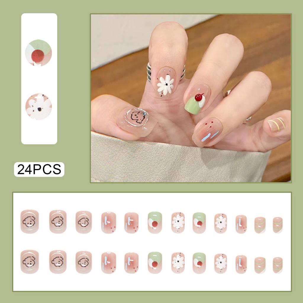 24PCS Blush Fake Nails with Flower Printed Reusable Long Lasting Press on Nails for Working Dating or Partying
