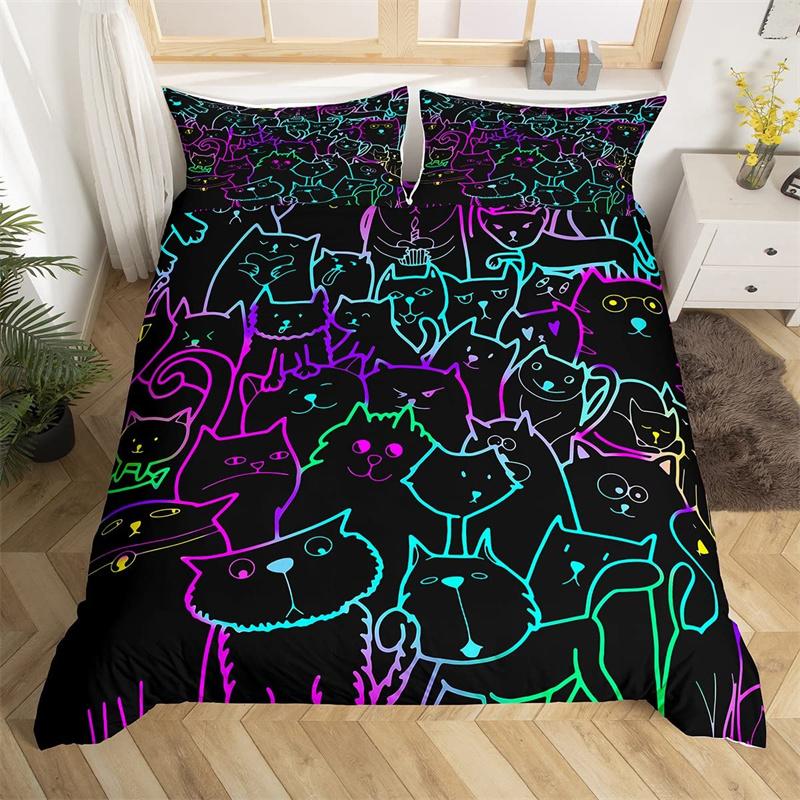 Boho Colorful Cat Duvet Cover Set Cats Star Mushroom Bedding Set Microfiber 3D Kawaii Animals Comforter Cover Twin For Kids Boys