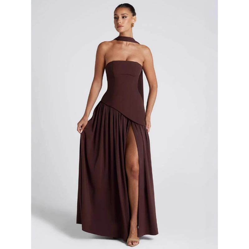 Dames Bandeau Top Effen Kleur Jurk met Split Modieus en Sexy Halter Hoge Split Lange Jurk Nieuw