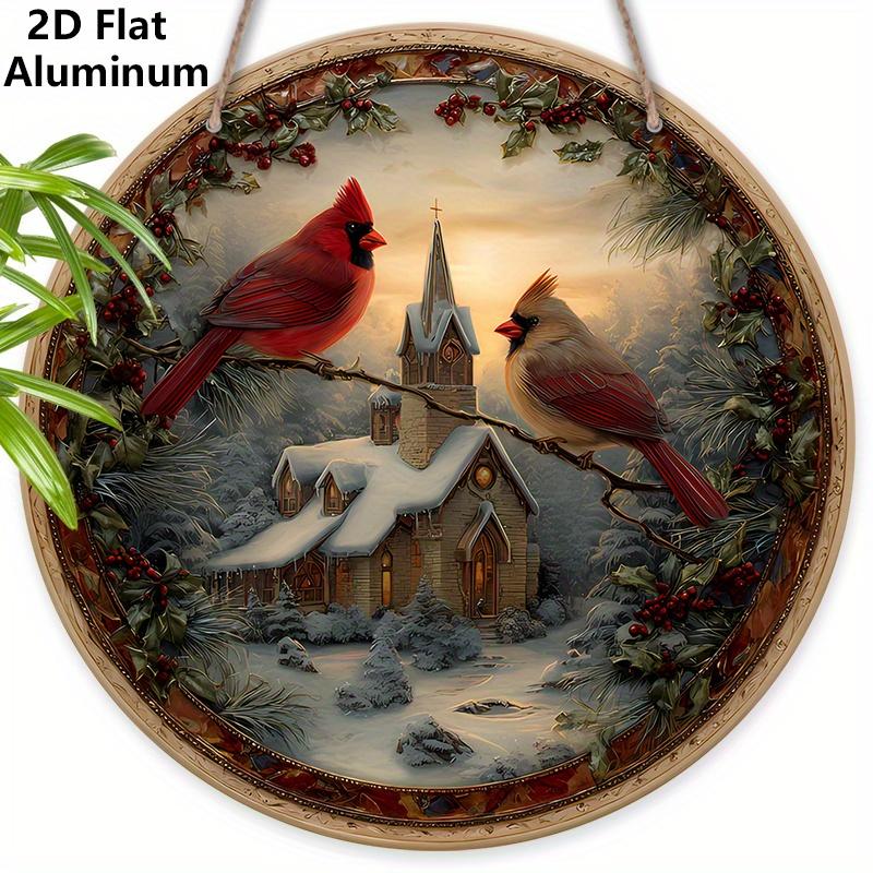 

2D Flat Aluminium Cardinal Christmas Sign with Snow House Pattern - Warm Winter Figurine Ornaments - Ideal for Front Door, Wall, Porch, Window Decor 7.87×7.87inch