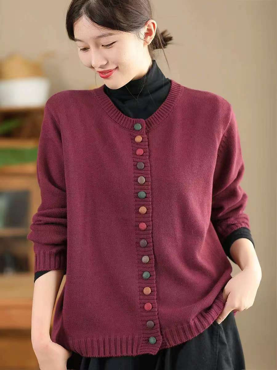 

Johnature Woman Winter Fashion O-Neck Niche Long Sleeves Casual Sweater Solid Color Single Breasted Loose Sweater One Size
