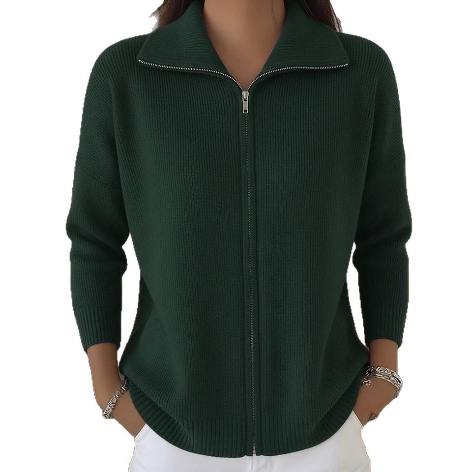 2026 European & American Zipper Knit Cardigan: Women's Autumn/Winter Casual Solid Color Fashion Sweater Outerwear