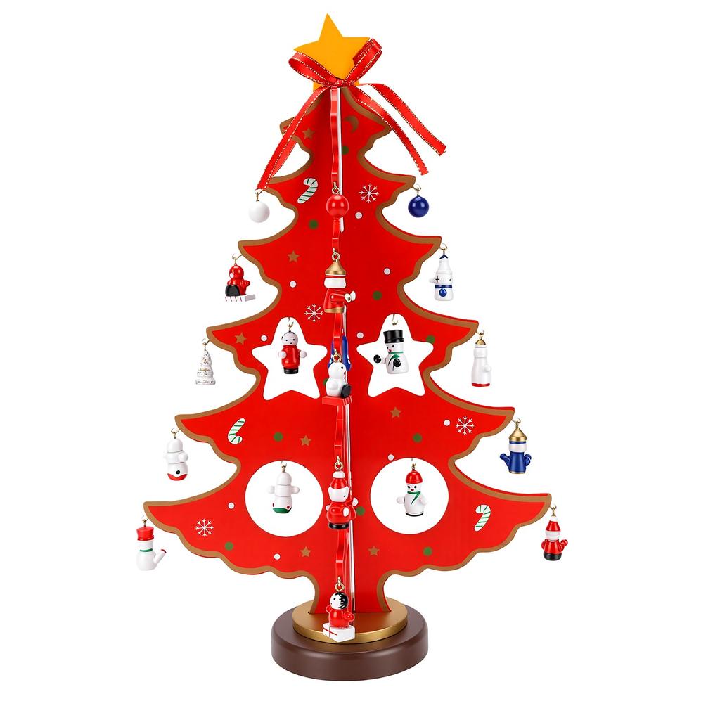 Wooden Xmas Tree Advent Calendar Tabletop Xmas Tree Decoration with Star Topper and 28 Ornaments for Home Red