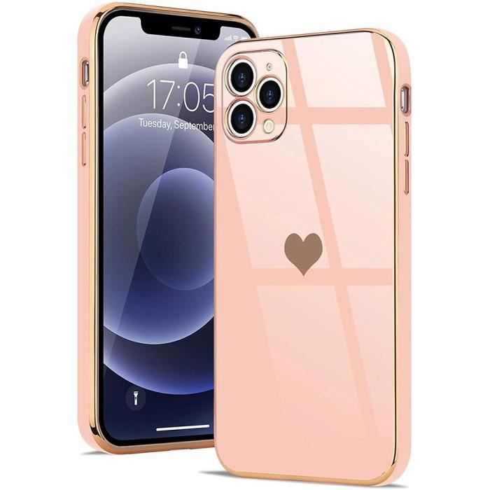 Coque de protection - Luxe - iPhone 12 Pro Max - Rose - Motif coeur galvanisé or - Antichoc et anti-rayure