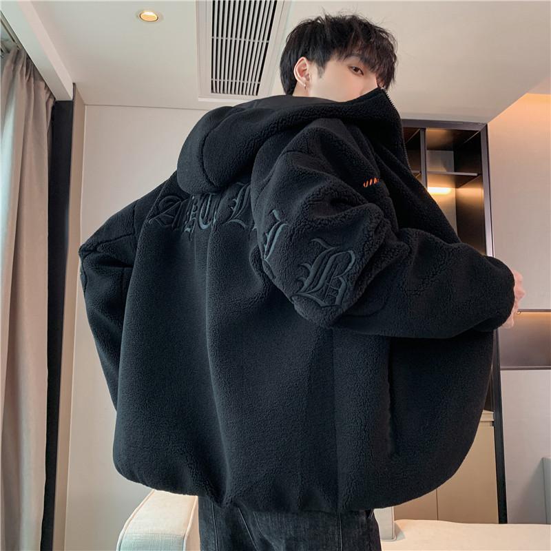 Lamb fleece sweater men's winter trend men's clothing youth hooded jacket fleece thickened men's jacket