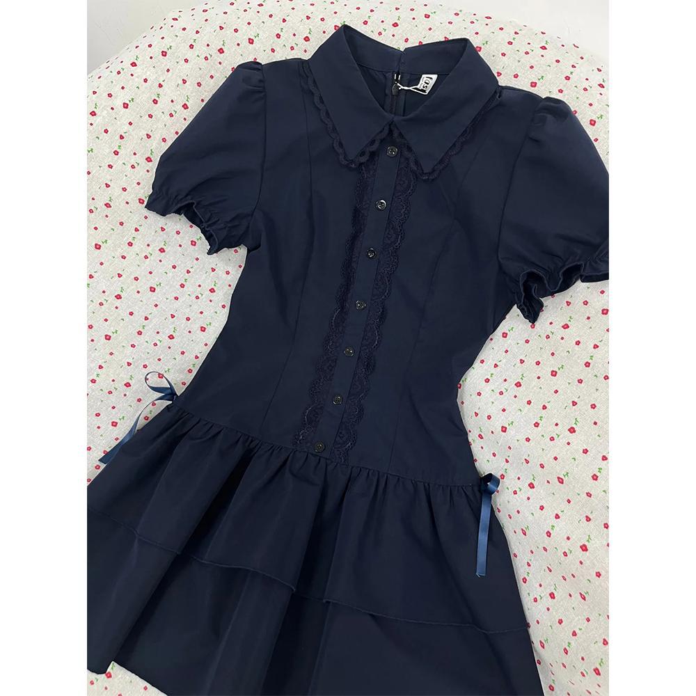 Summer New Skirts, Women's Vintage Lace Splicing, Girly Style Outfits, Waist Slimming Shirt Dresses