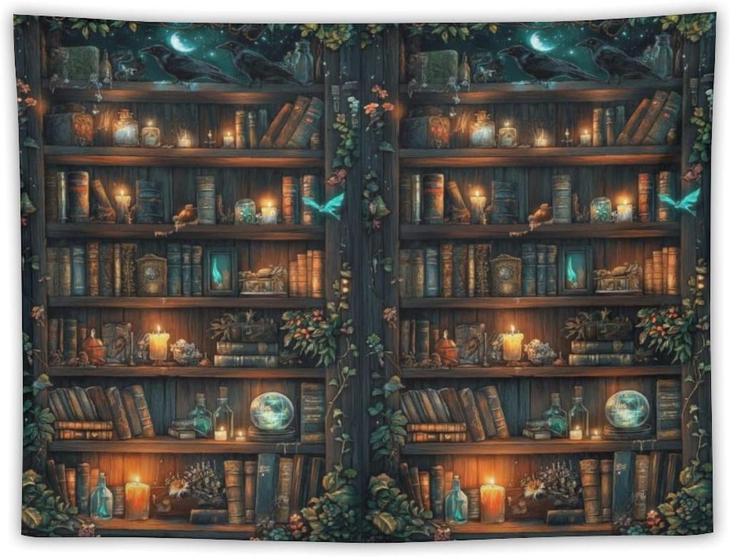 Retro Bookshelf Tapestry Vintage Library Wall Hanging Tapestries,Old Books On Shelf Classical Study Room Student Study College