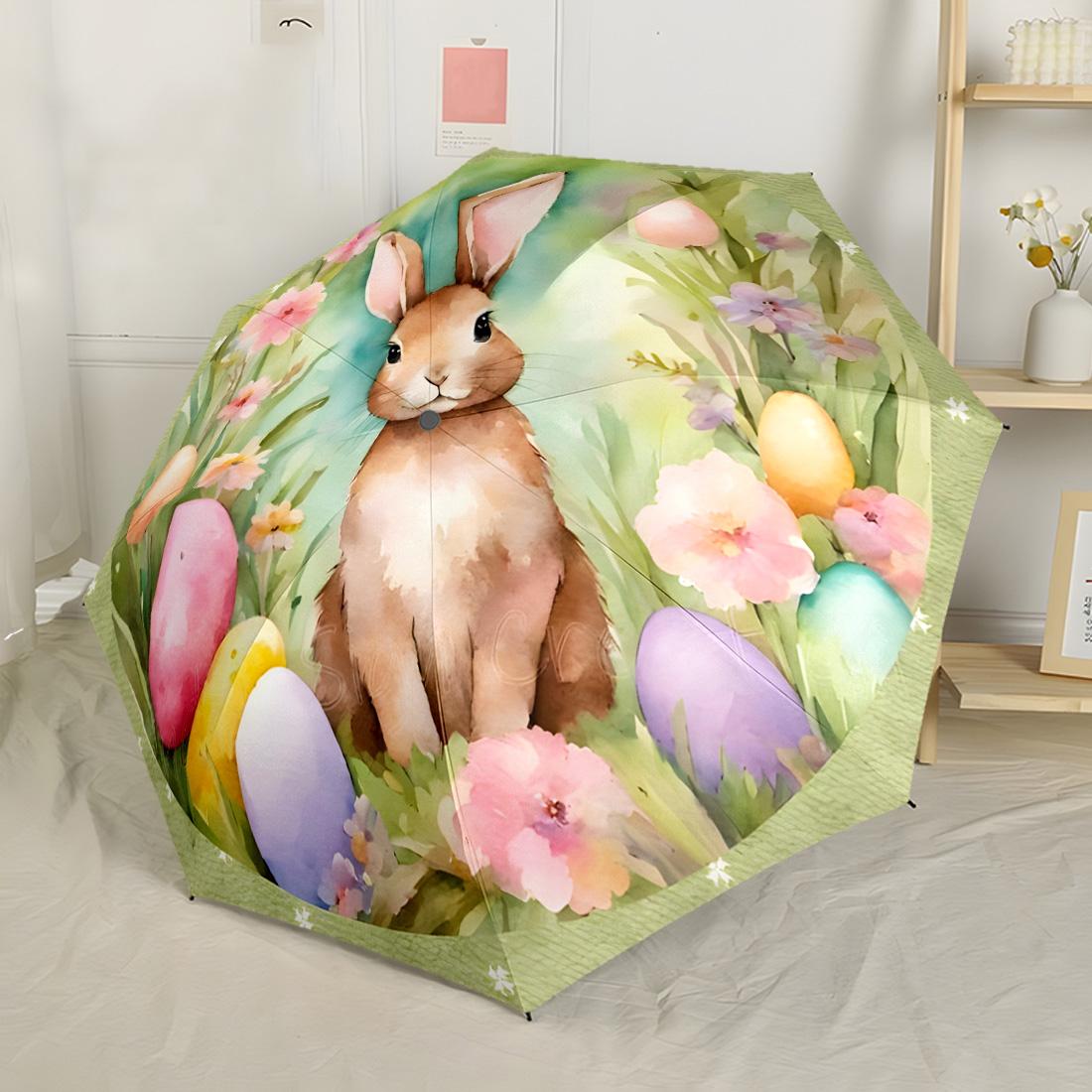 

Spring Bunny With Eggs Outdoor Automatic Umbrella Retractable Design with 8-Rib Durability Lightweight All-Season Umbrella for Travel