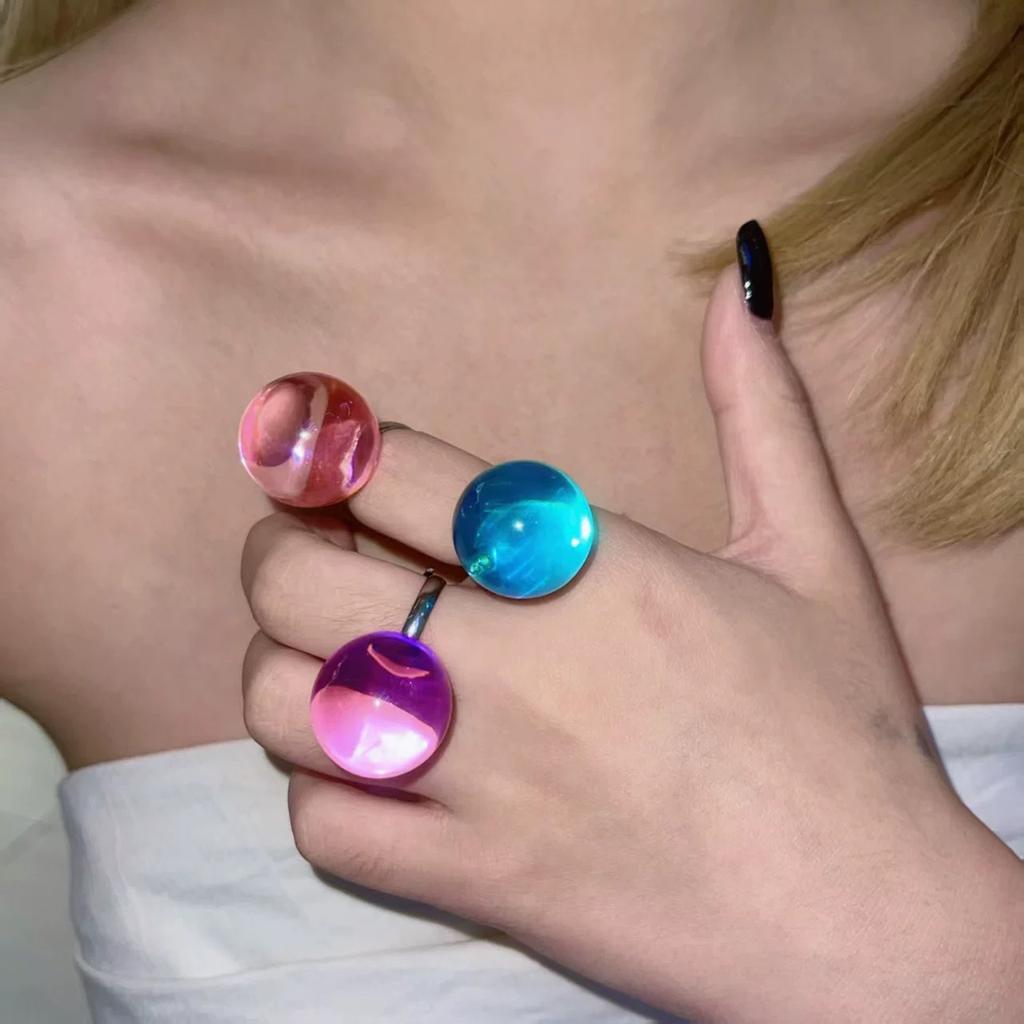 Korean Creative Transparent Colorful Geometric Ball Resin Fnger Ring Sweet Y2K Large Acrylic Round Ring Jewelry For Women Girl