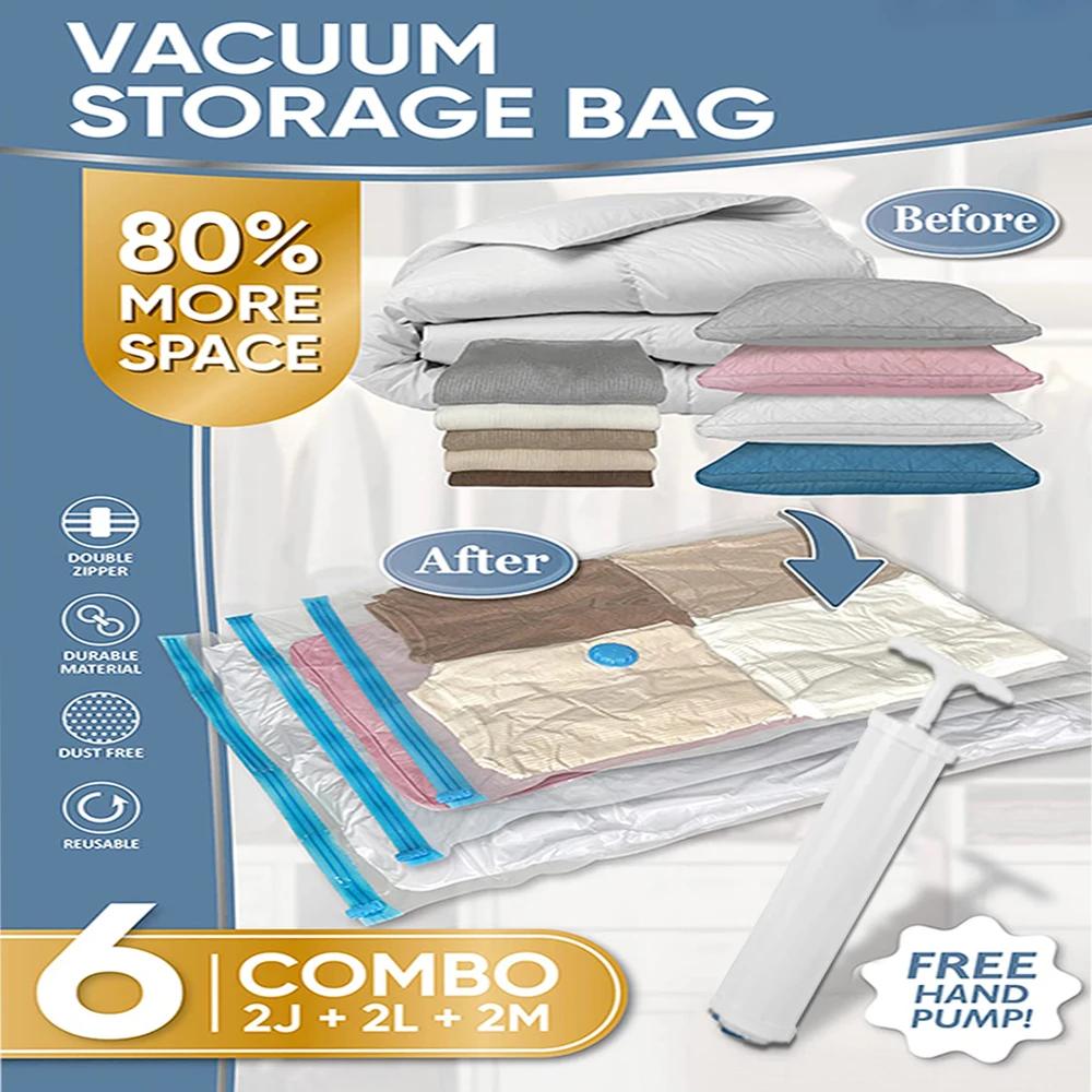 6 Pack Vacuum Storage Bags with Hand Pump Space Saver Vacuum Seal Storage Bags for Clothing Bedding Travel Lugggage Organizer
