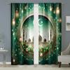 2pcs Opulent Green Mosque & Lantern Curtains, Ideal for Ramadan/Eid Window Decor, Luxe Home Living Room Bedroom Decor