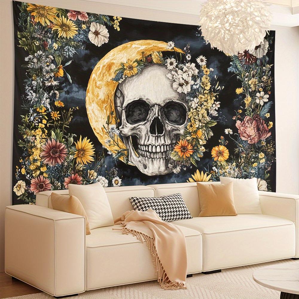 Skull and Flowers Tapestry, Crescent Moon with Floral Wreath, Gothic Boho Wall Art for Living Room Bedroom Halloween Decor