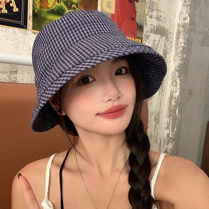 Retro Plaid Bucket Hat Women's Summer Thin Breathable Sunshade Sunscreen Hat Showing Face Small Versatile Sun Hat