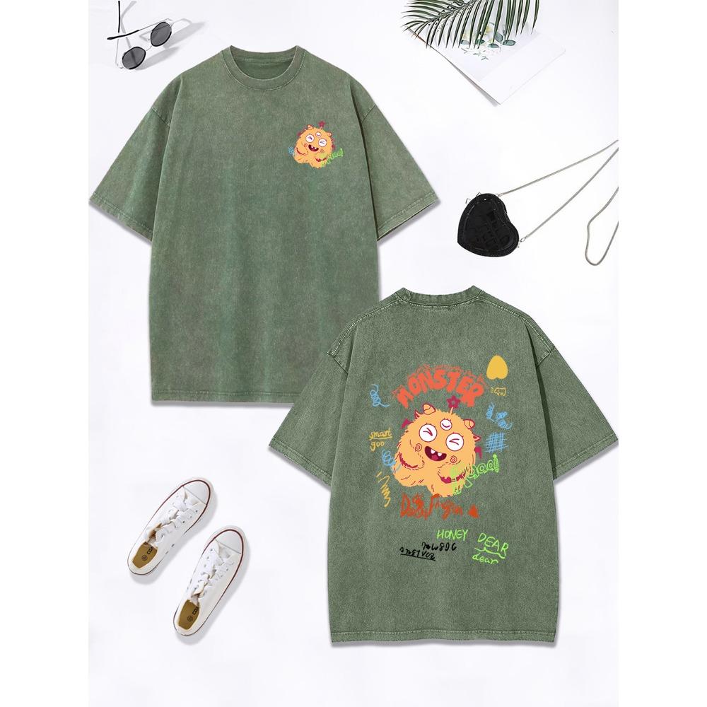 Cute Yellow Plush Little Monster Printing Washed T-Shirt Women Cotton Oversized Tops Distressed O-Neck T Shirt Clothes