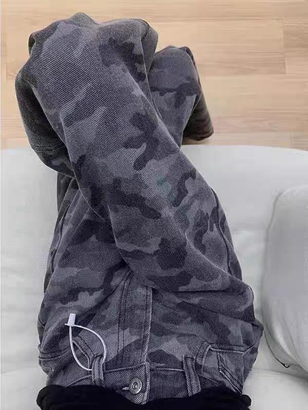 Women's High Waist Camouflage Wide-Leg Jeans - Retro Hong Kong Style, Loose Fit, Floor-Length, Slimming