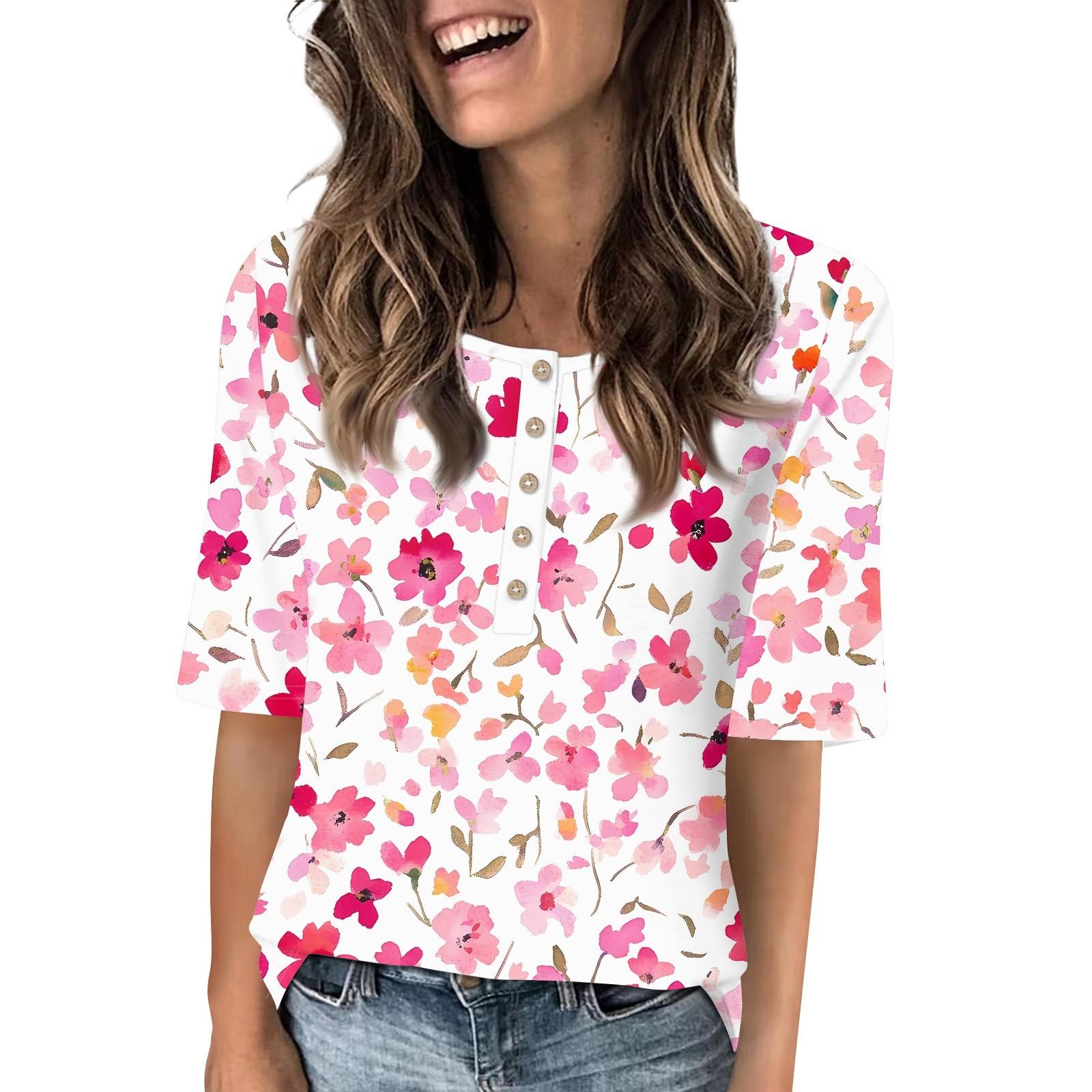 

Рубашки для женщин, модные футболки с круглым вырезом и пуговицами, блузки с принтом, топы с коротким рукавом для женщин M розовый