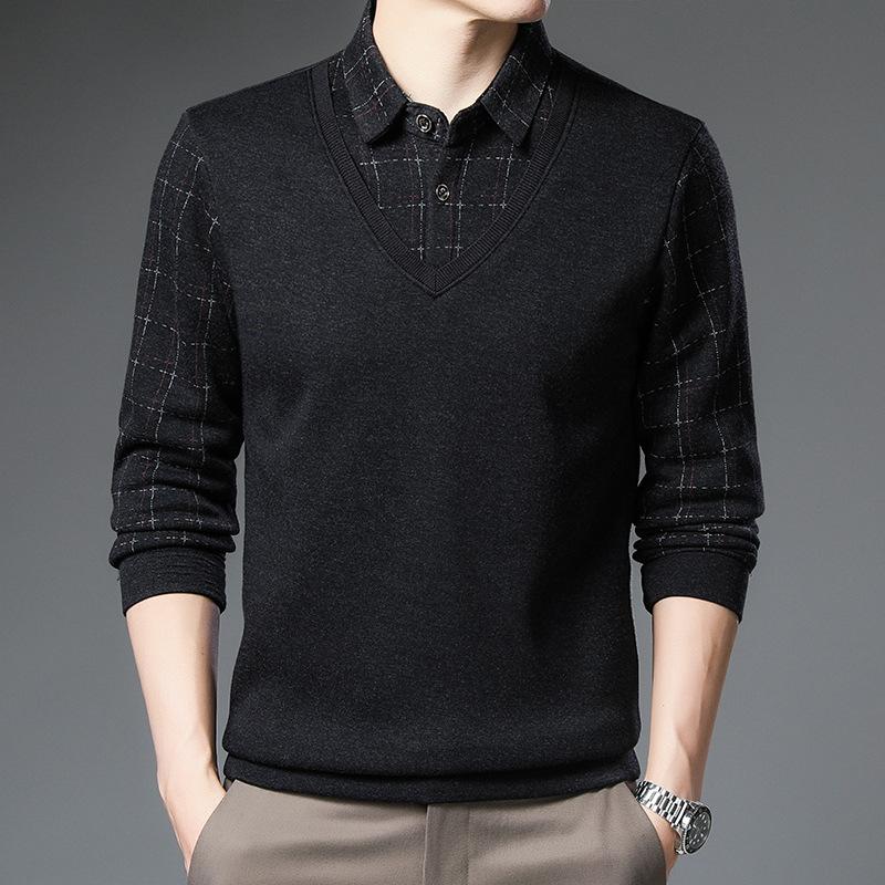 

Футболка из хлопка для папы, мужская, с длинными рукавами, однотонная, для мужчин среднего возраста, новый стиль, повседневная, свободная, из двух частей, с имитацией нижнего топа XXXXL