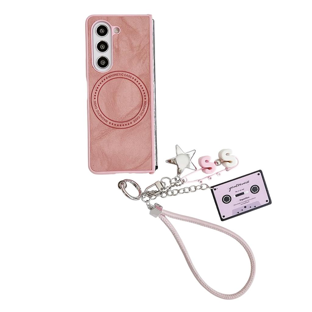 Magnetic Wrist Strap Cute Stars Wireless Charging PU Leather Phone Case for Samsung Galaxy Z Fold 6 5 4 3 Protective Cover
