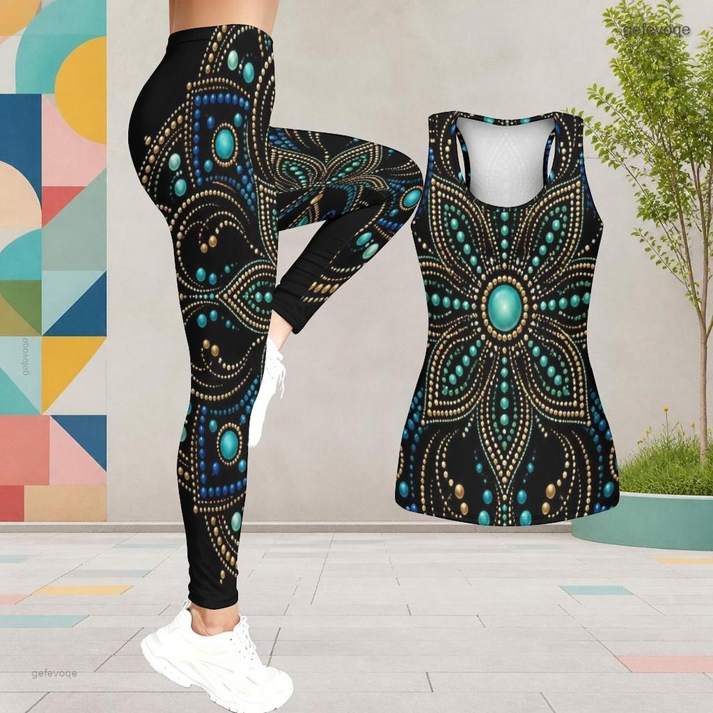 Women Plus Size Two Piece Set Scoop Neck Sleeveless Printed Tank Top And Fitted Leggings