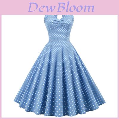Vintage Polka Dot Cotton Blend Sleeveless Dress With Tie Waist For Casual And Party Wear