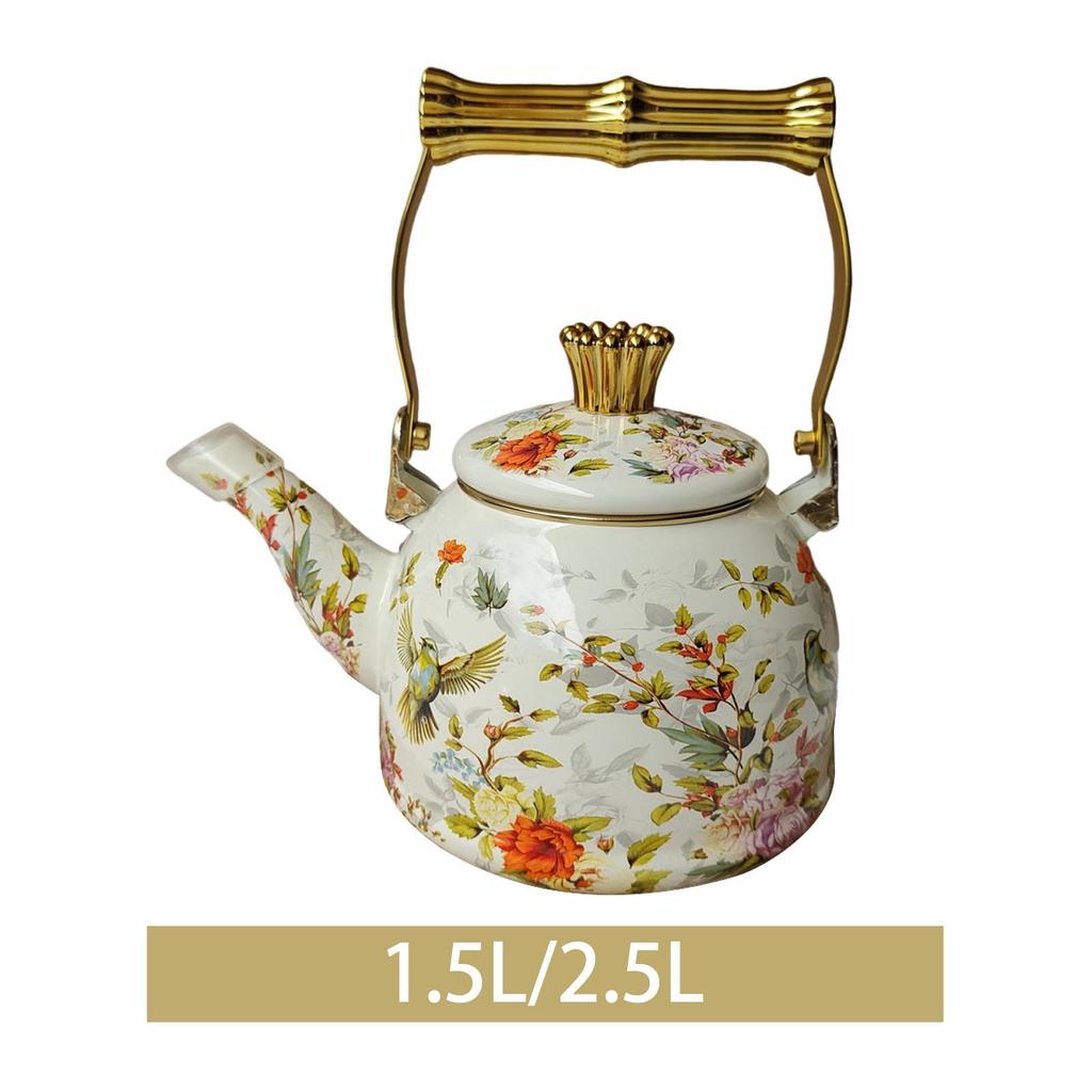 Elegant Enamel Teapot with And Floral Pattern; for Home, Office Cafe