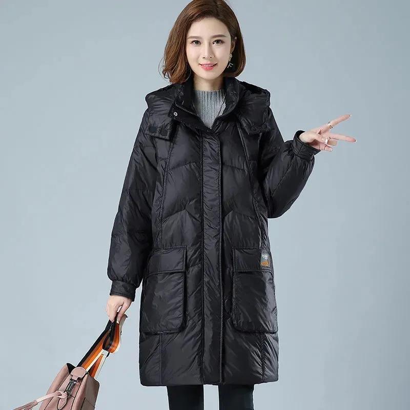 Winter Women's Long Hooded Parka - Detachable Thicken Loose Padded Jacket with Zipper Pockets, Warm Snow Wear