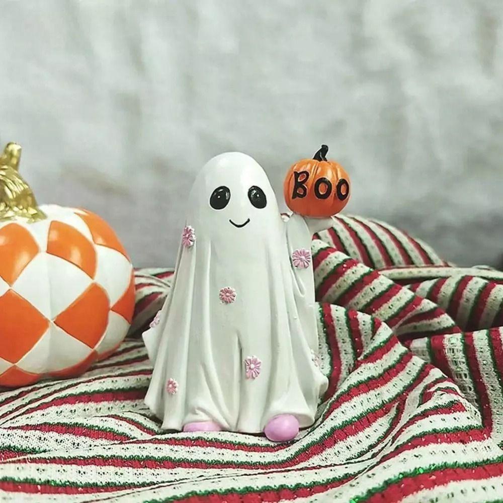 Cartoon Ghost Hold Pumpkin Sculpture Mini Resin Ghost Ornament Halloween Ghost Figurine  Desktop