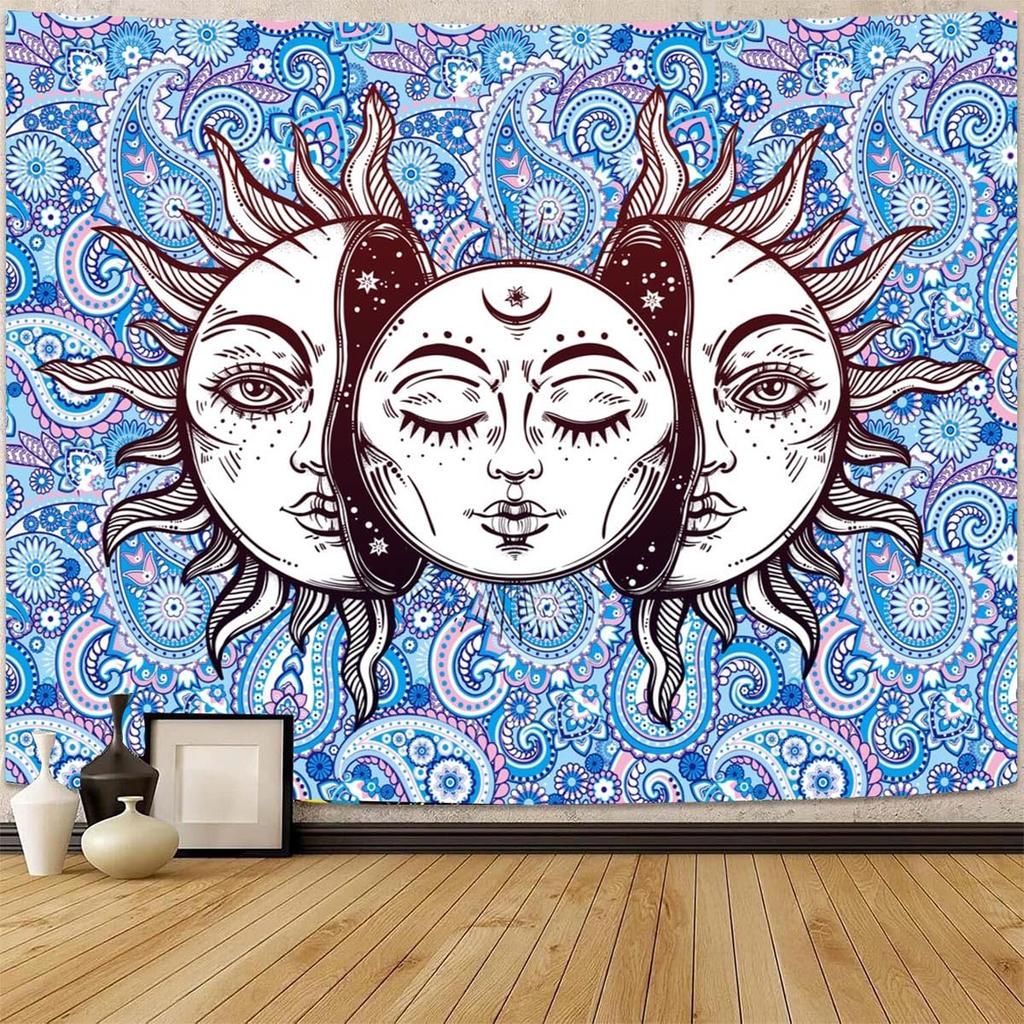 Hippe Boho Sun And Moon Tapestry, Trippy Colorful Tapestries Mystic Aesthetic Burning Sun Moon Wall Hanging Blanket For Bedroom