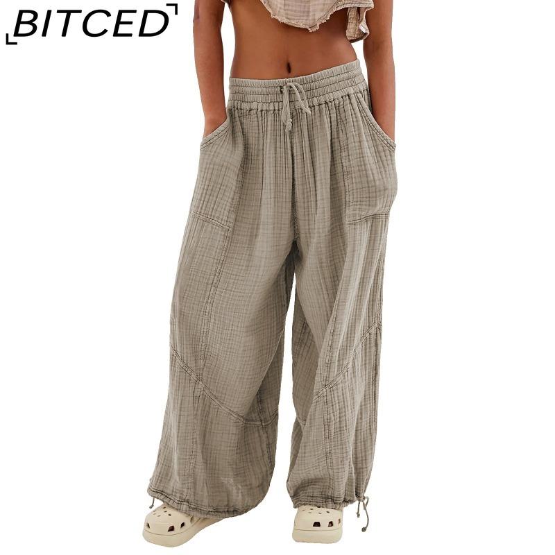 BITCED 8 Color Women High Elastic Waist Trousers Wide Leg Loose Pants Deep Vest Pleated Ankle Pockets Solid Color Soft Ladies Casual Pants