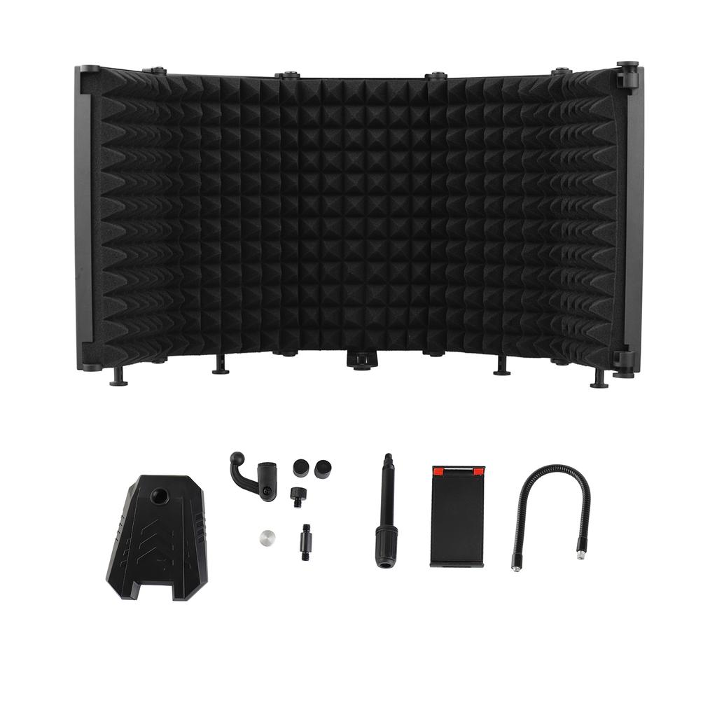 Microphone Isolation Screen Portable 5 Panel Foldable Mic Sound Absorbing Foam Reflector with Desktop Stand for Studio