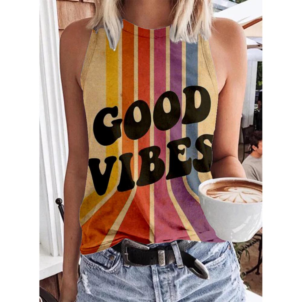 Women's Geometric Rainbow 3D Printed Sleeveless T-shirt, Round Neck Off Shoulder Casual Tank Top, Y2K Sleeveless T-shirt, Women's Summer Dress
