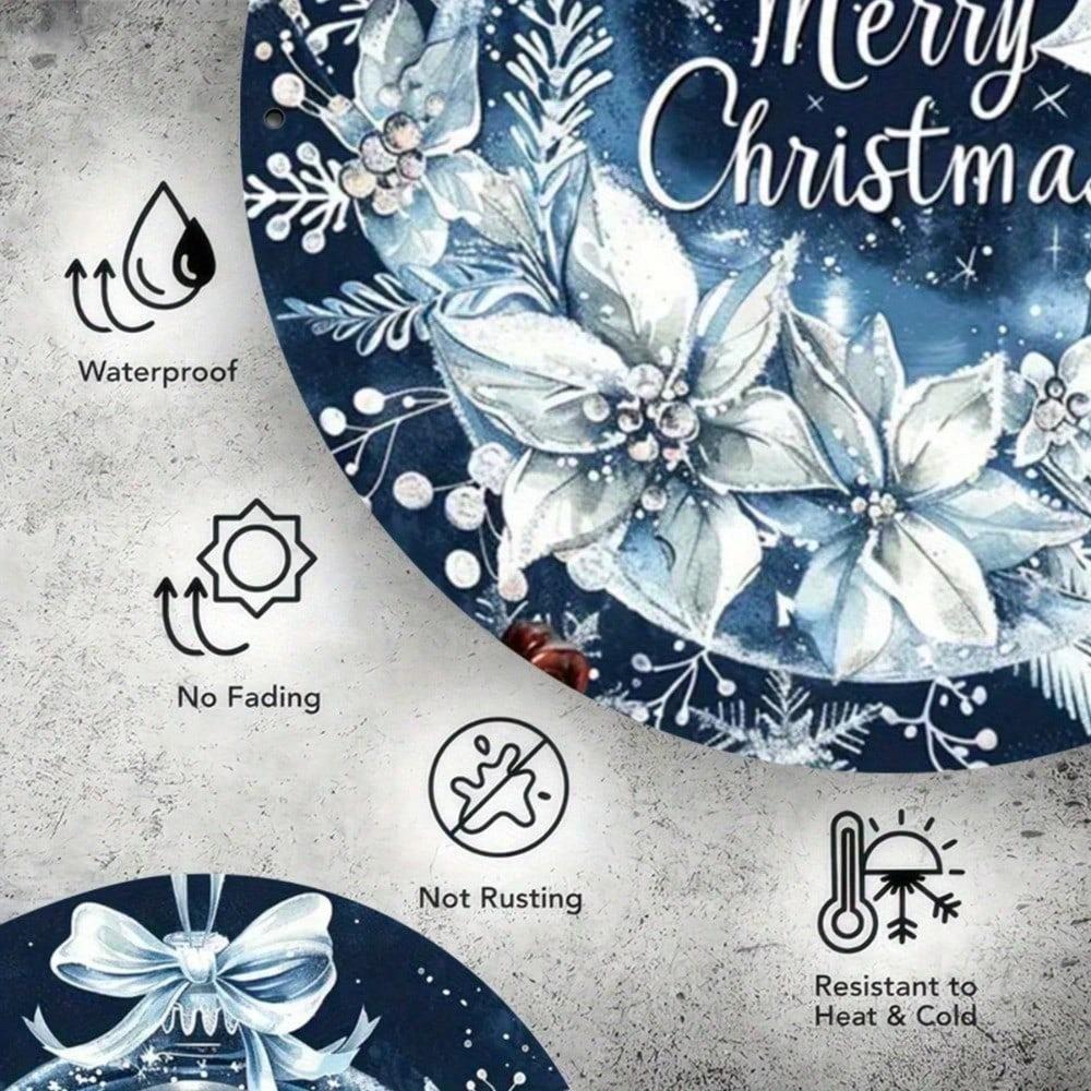 Vintage Blue Christmas Tin Sign, Merry Christmas Metal Wall Art, Rustic Holiday Plaque For Home Indoor Wall Decor