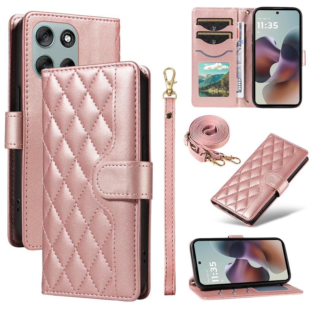 For Motorola Moto G56 5G Wallet Case Rhombus Leather Phone Cover with Strap