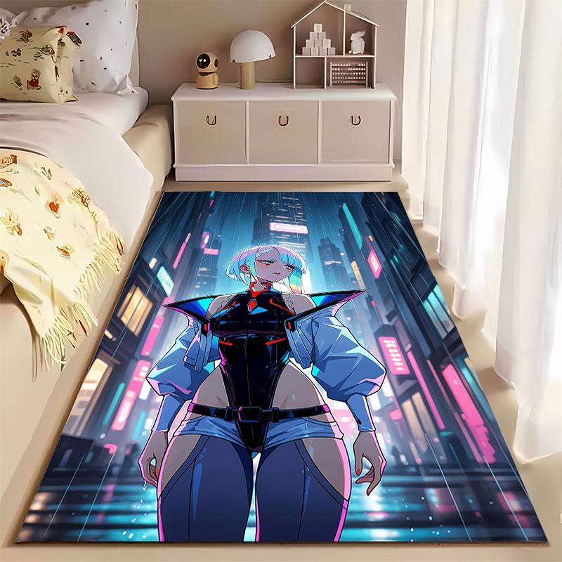 Cyberpunk Girl Neon City Scene suitable as a non-slip mat for the living room or bedroom sofa